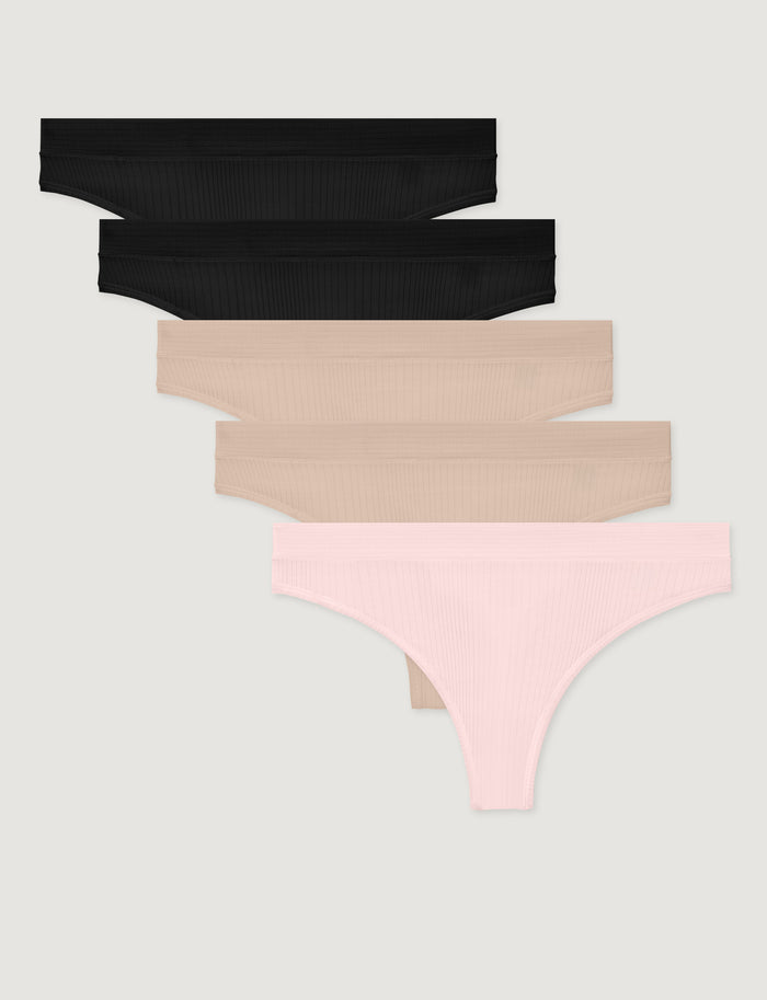 Women's Second Skin Luxe Rib Thong (5-Pack)::Black/Shifting Sand/Rosewater Luxe
