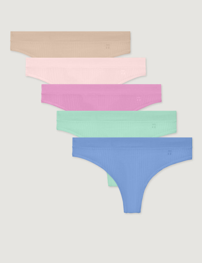 Women's Second Skin Luxe Rib Thong (5-Pack)::Shifting Sand/Rosewater/Lilac Chiffon/Brook Green/Vista Blue Luxe