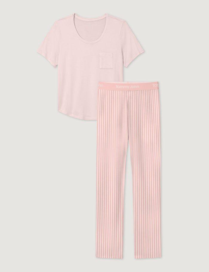 Women's Second Skin Sleep Pocket Tee & Pant Set::Rosewater/Chintz Rose Vertical Classic Stripe