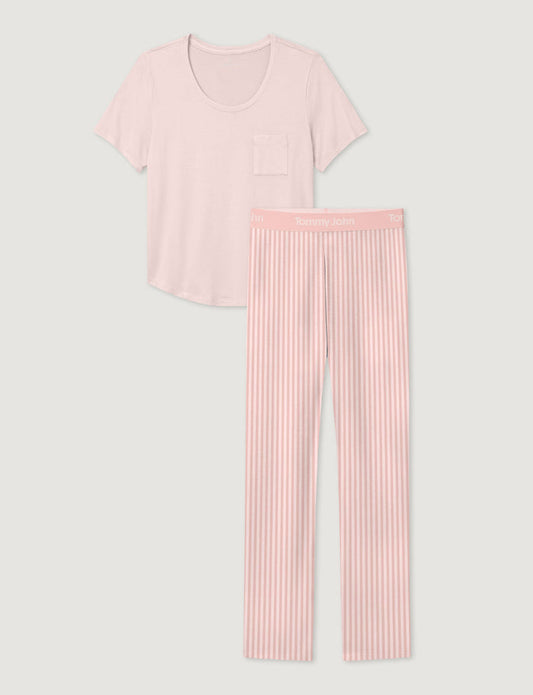 Women's Second Skin Sleep Pocket Tee & Pant Set::Rosewater/Chintz Rose Vertical Classic Stripe