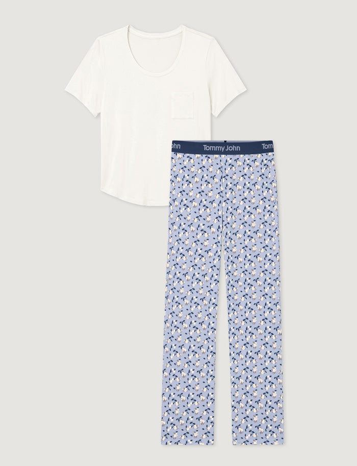 Women's Second Skin Sleep Pocket Tee & Pant Set::Coconut Milk/Halogen Blue Camellias