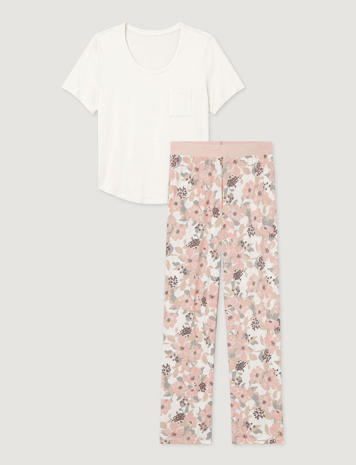 Women's Second Skin Sleep Pocket Tee & Pant Set::Coconut Milk/Chintz Rose Soft Floral