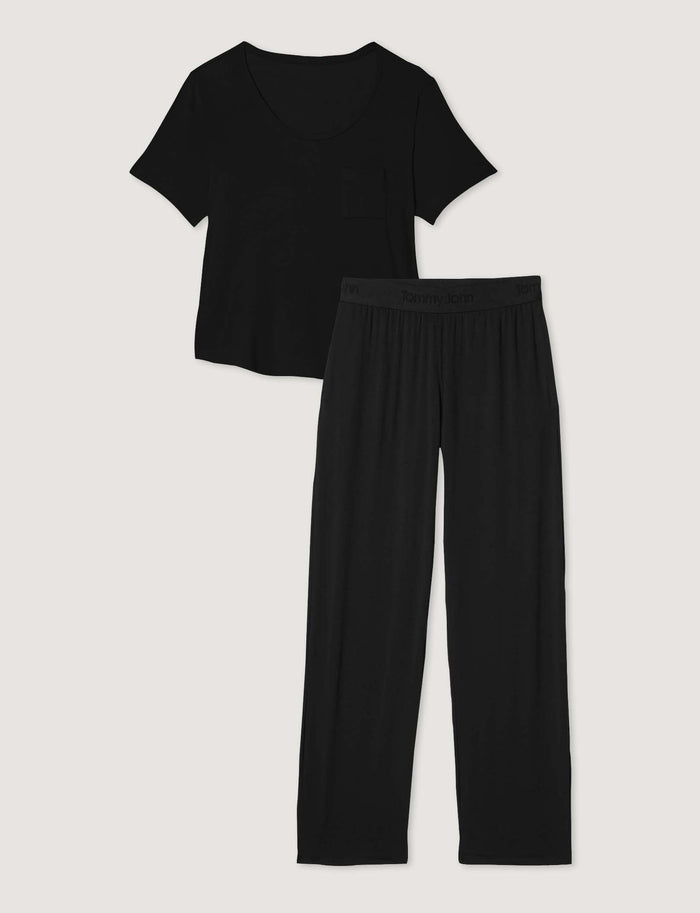 Women's Second Skin Sleep Tee & Pant Set::Black
