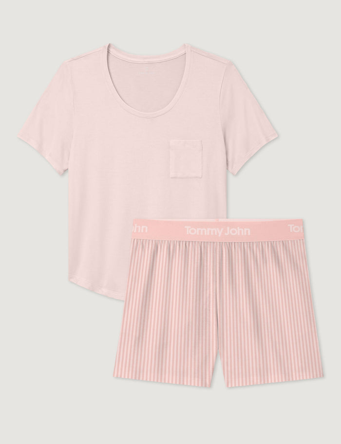 Women's Second Skin Sleep Pocket Tee & Short Set::Rosewater/Chintz Rose Vertical Classic Stripe