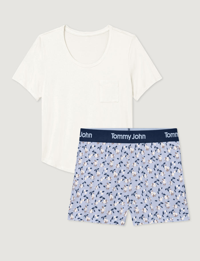 Women's Second Skin Sleep Pocket Tee & Short Set::Coconut Milk/Halogen Blue Camellias