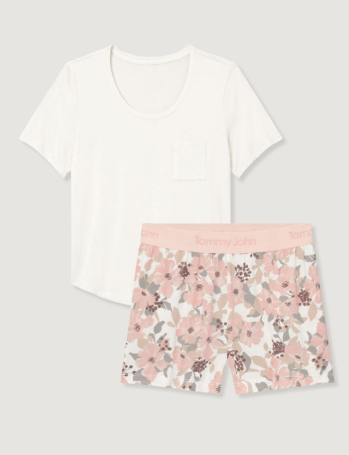 Women's Second Skin Sleep Pocket Tee & Short Set::Coconut Milk/Chintz Rose Soft Floral
