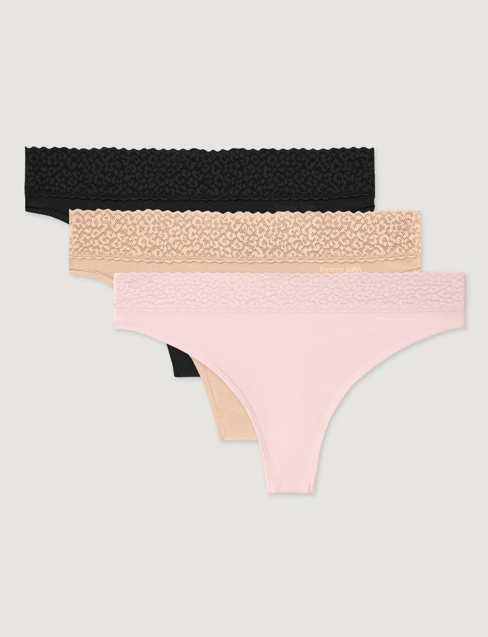 Women's Second Skin Thong, Lace Waist (3-Pack)::Black/Maple Sugar/Rosewater Lace Waist