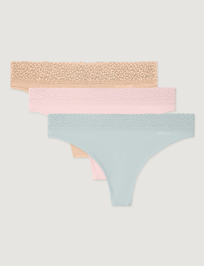 Women's Second Skin Thong, Lace Waist (3-Pack)::Maple Sugar/Rosewater/Ice Flow Lace Waist