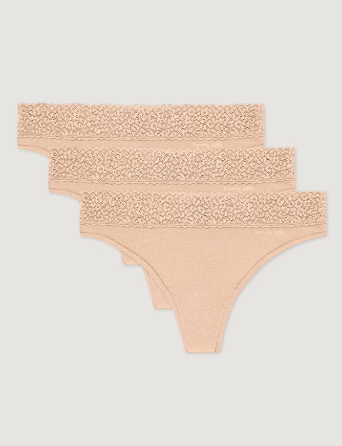 Women's Second Skin Thong, Lace Waist (3-Pack)::Maple Lace Waist