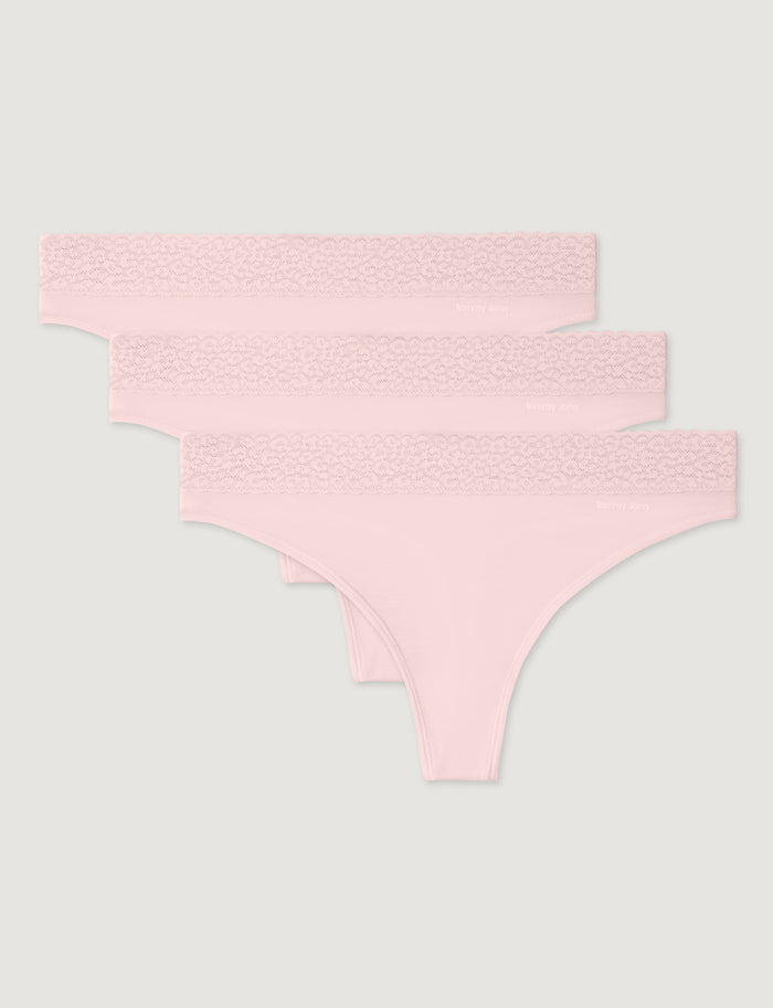 Women's Second Skin Thong, Lace Waist (3-Pack)::Rosewater Lace Waist