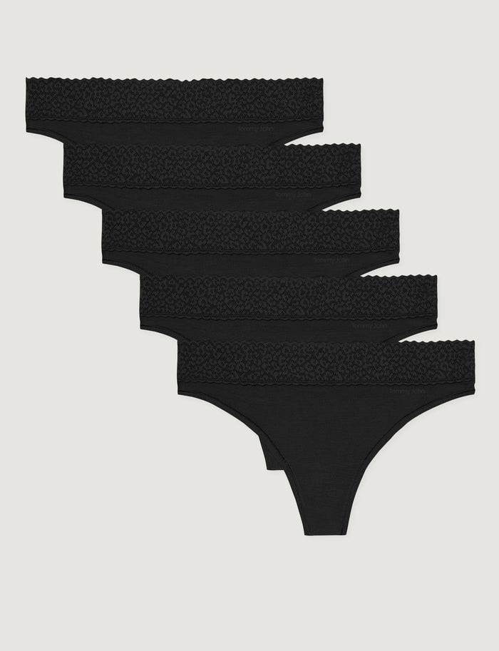 Women's Second Skin Thong, Lace Waist (5-Pack)::Black Lace Waist