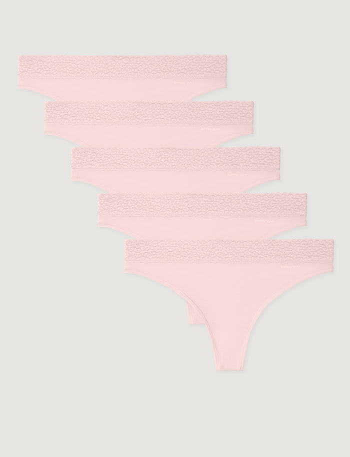 Women's Second Skin Thong, Lace Waist (5-Pack)::Rosewater Lace Waist