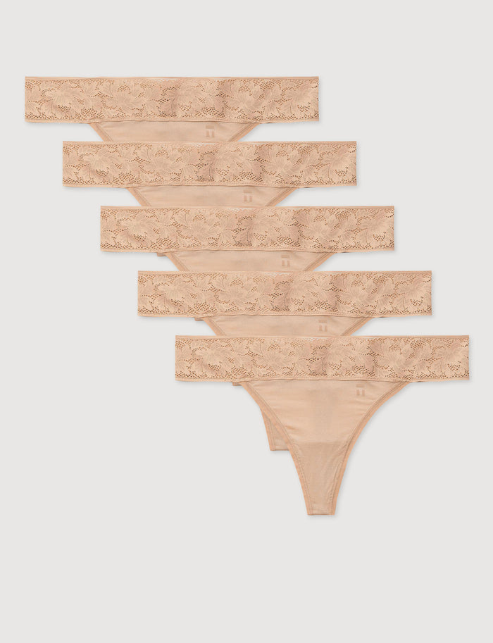 Women's Second Skin Thong, Lace Waist (5-Pack)::Maple Sugar Lace Waist