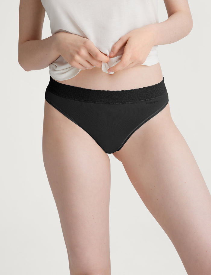 Women's Second Skin Thong, Lace Waist (5-Pack)::Black Lace Waist