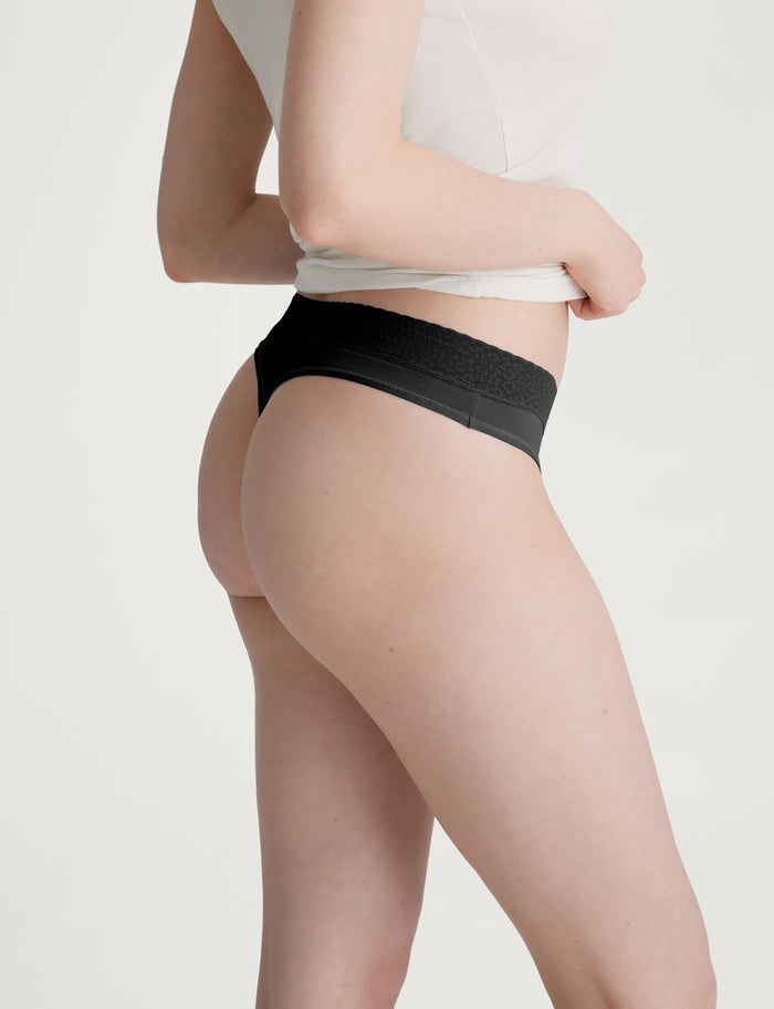 Women's Second Skin Thong, Lace Waist (5-Pack)::Black Lace Waist