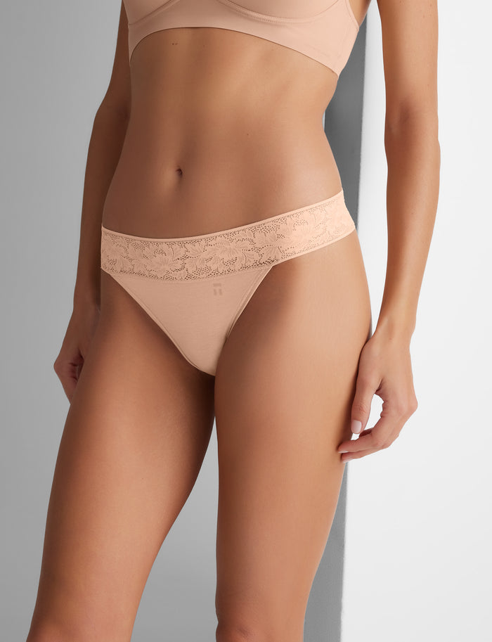 Women's Second Skin Thong, Lace Waist::Maple Sugar Lace Waist