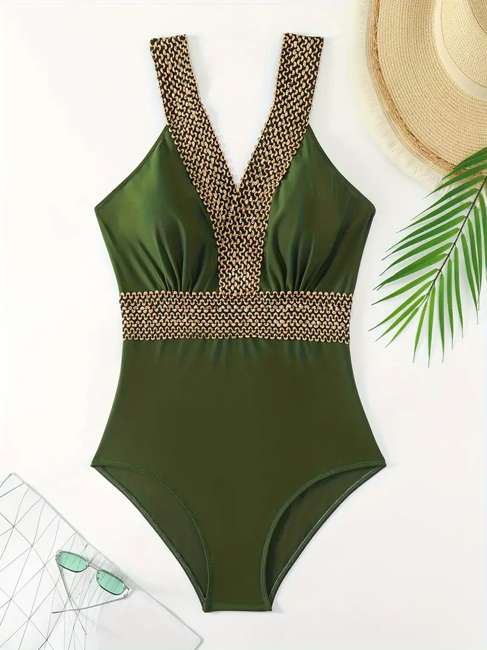 Women's Sexy One Piece Swimsuit Ruched Tummy Control Bathing Suit Plunge Color Block Swimwear
