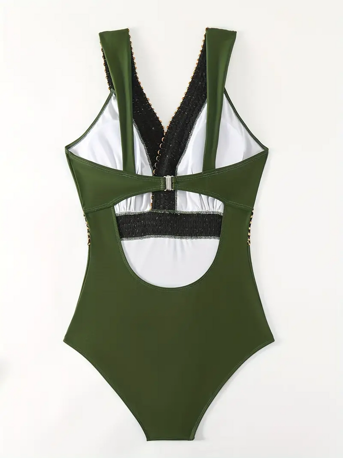 Women's Sexy One Piece Swimsuit Ruched Tummy Control Bathing Suit Plunge Color Block Swimwear