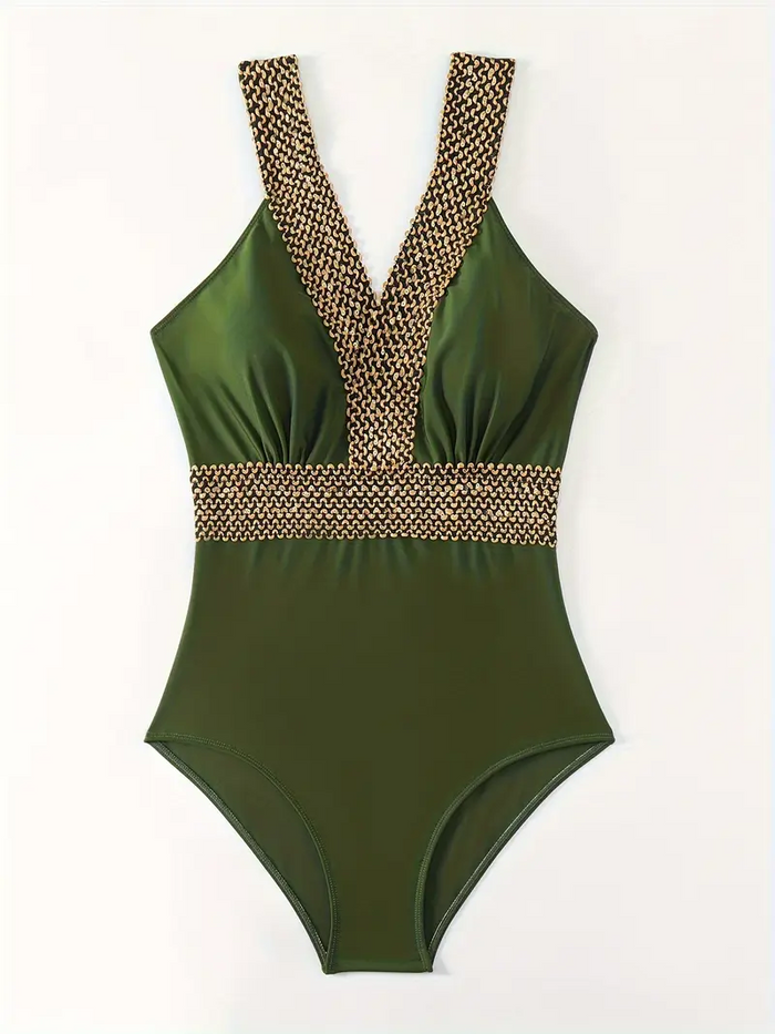 Women's Sexy One Piece Swimsuit Ruched Tummy Control Bathing Suit Plunge Color Block Swimwear