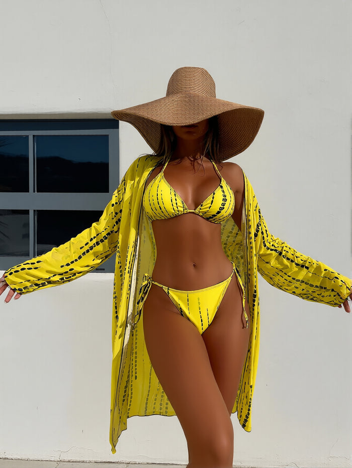 Women's Sexy Swimsuit 3 Piece Thong Bikini Set Triangle Halter Bathing Suit Sheer Mesh Beach Cover Up Maxi Dress