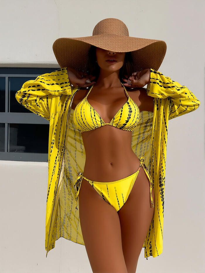 Women's Sexy Swimsuit 3 Piece Thong Bikini Set Triangle Halter Bathing Suit Sheer Mesh Beach Cover Up Maxi Dress