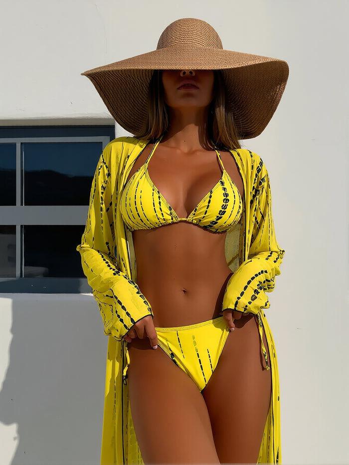 Women's Sexy Swimsuit 3 Piece Thong Bikini Set Triangle Halter Bathing Suit Sheer Mesh Beach Cover Up Maxi Dress