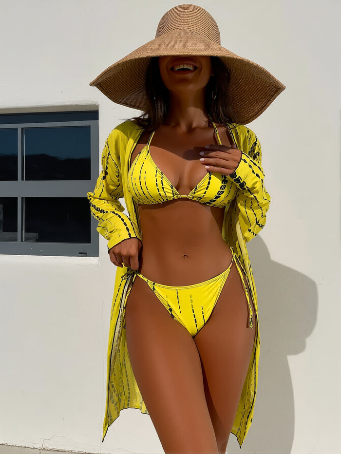 Women's Sexy Swimsuit 3 Piece Thong Bikini Set Triangle Halter Bathing Suit Sheer Mesh Beach Cover Up Maxi Dress