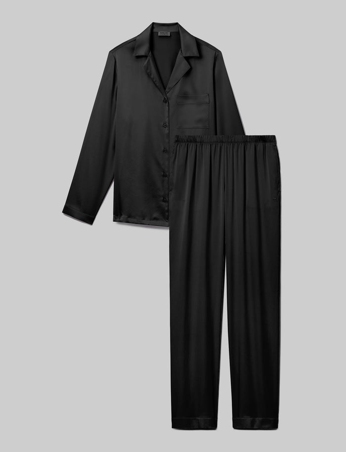 Women's Silk Long Sleeve Pajama Top & Pant Set::Black::Swatch