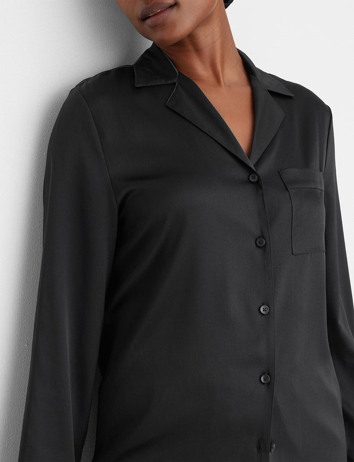 Women's Silk Long Sleeve Pajama Top & Pant Set::Black