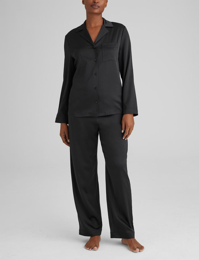 Women's Silk Long Sleeve Pajama Top & Pant Set::Black