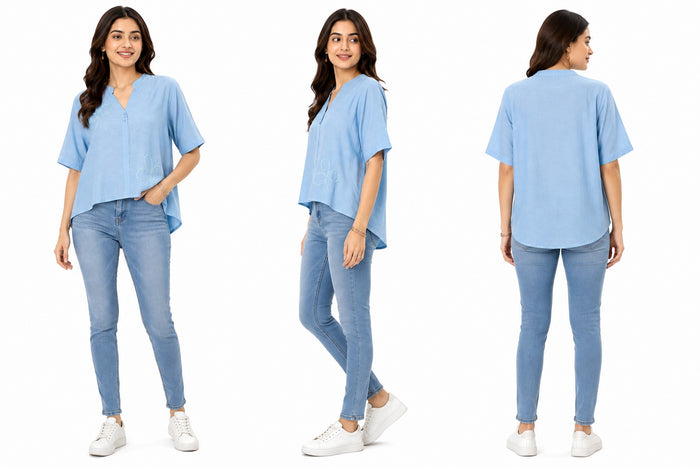 Women’s Sky Blue Embroidered High-Low Top