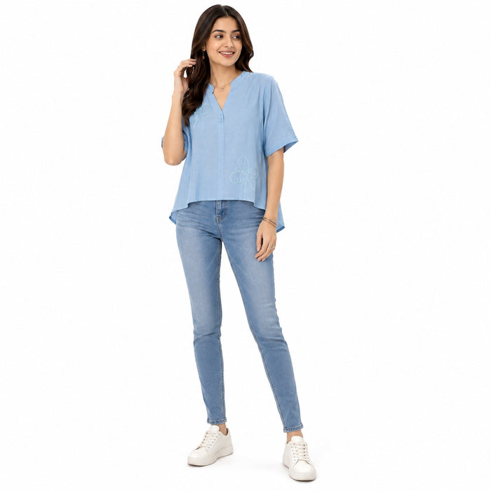 Women’s Sky Blue Embroidered High-Low Top