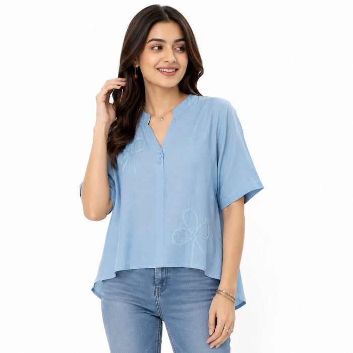 Women’s Sky Blue Embroidered High-Low Top