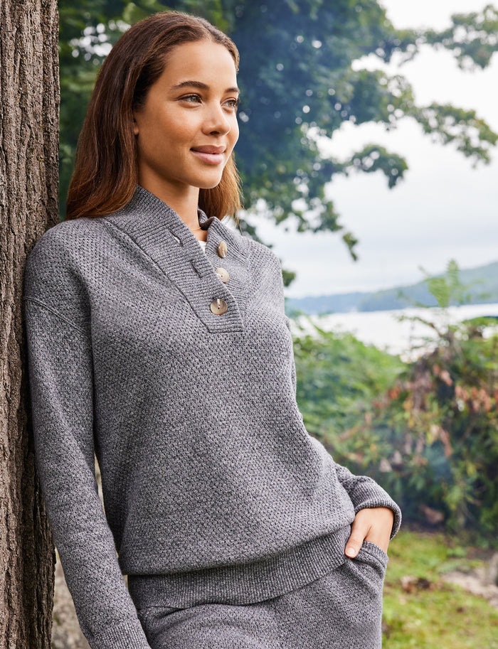 Women's Sweater Lounge Henley::Medium Heather Grey