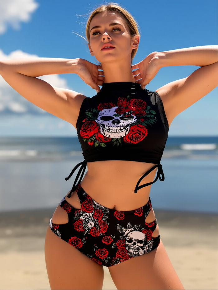 Women's Tankini Sets Two Piece Swimsuit High Neck Halter Mid Rise Adjustable Drawstrings