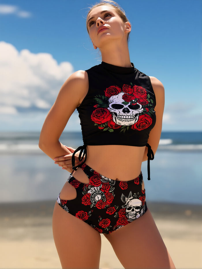 Women's Tankini Sets Two Piece Swimsuit High Neck Halter Mid Rise Adjustable Drawstrings