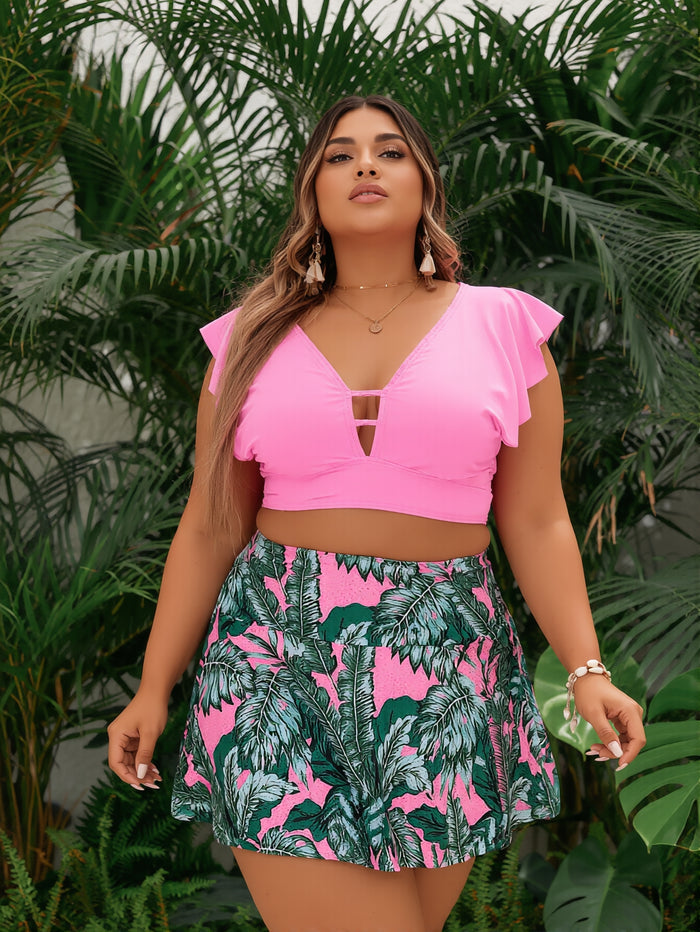 Women's Tankini Swimsuits V Neck Ruffle Swim Top and Skirt Summer Beach Two Piece Bathing Suit