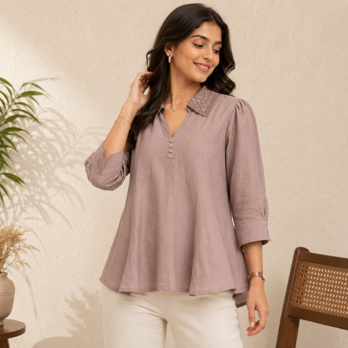 Women’s Taupe Brown Collared Tunic Top