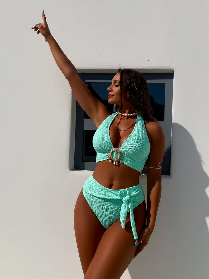 Women's Triangle Bikini Sets O Ring Linked Two Piece Swimsuits Floral Printed Cheeky Bathing Suit
