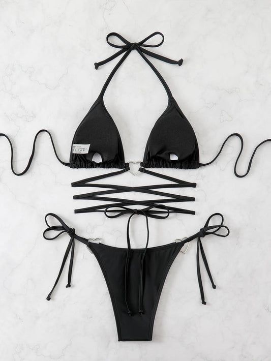 Women's Triangle Bikini Tie Side Whip Stitch String Bikini Two Piece Swimsuit Bathing Suits
