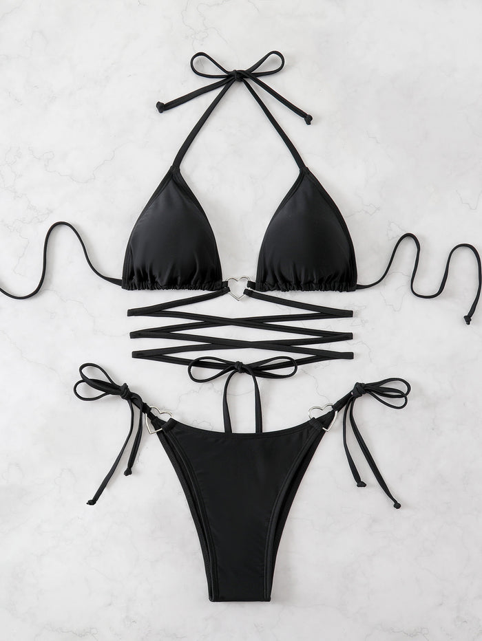 Women's Triangle Bikini Tie Side Whip Stitch String Bikini Two Piece Swimsuit Bathing Suits
