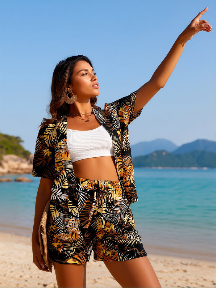 Women's Tropical Bikini Set High Waisted Boyshorts 3 Piece Swimsuits with Kimono Cover Up