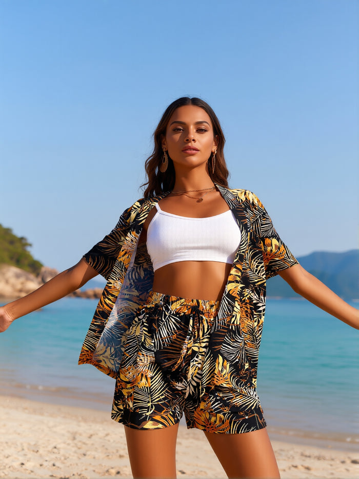 Women's Tropical Bikini Set High Waisted Boyshorts 3 Piece Swimsuits with Kimono Cover Up