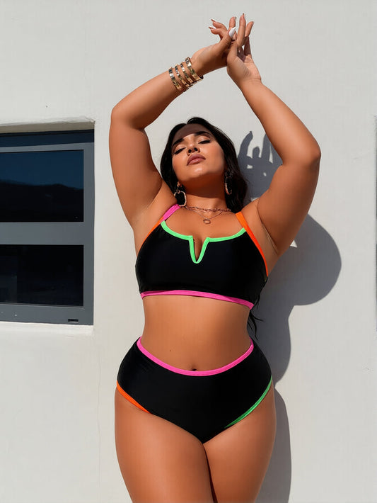 Womens Tummy Control Swimsuits Color Block Bathing Suit V Neck Two Piece Swimwear with Shorts