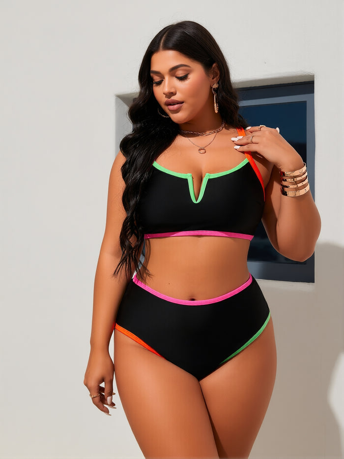 Womens Tummy Control Swimsuits Color Block Bathing Suit V Neck Two Piece Swimwear with Shorts