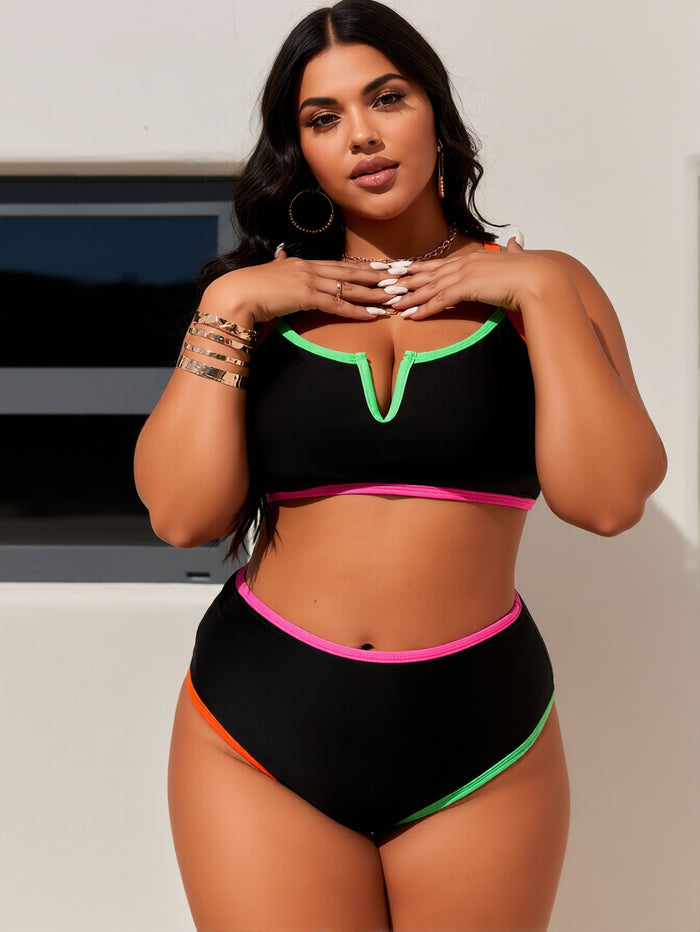 Womens Tummy Control Swimsuits Color Block Bathing Suit V Neck Two Piece Swimwear with Shorts