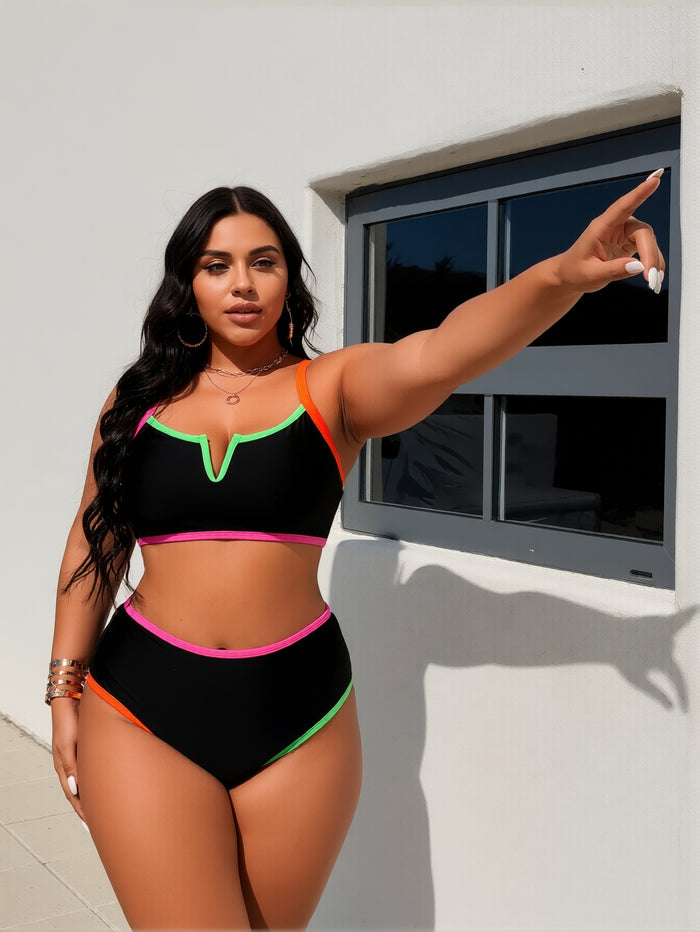Womens Tummy Control Swimsuits Color Block Bathing Suit V Neck Two Piece Swimwear with Shorts