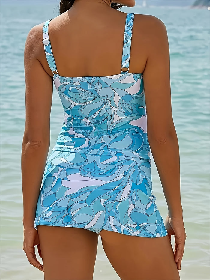 Womens Tummy Control Tankini Bathing Suits, Two Piece Ruched Swimsuits, Floral Print Swimdress with Skirt