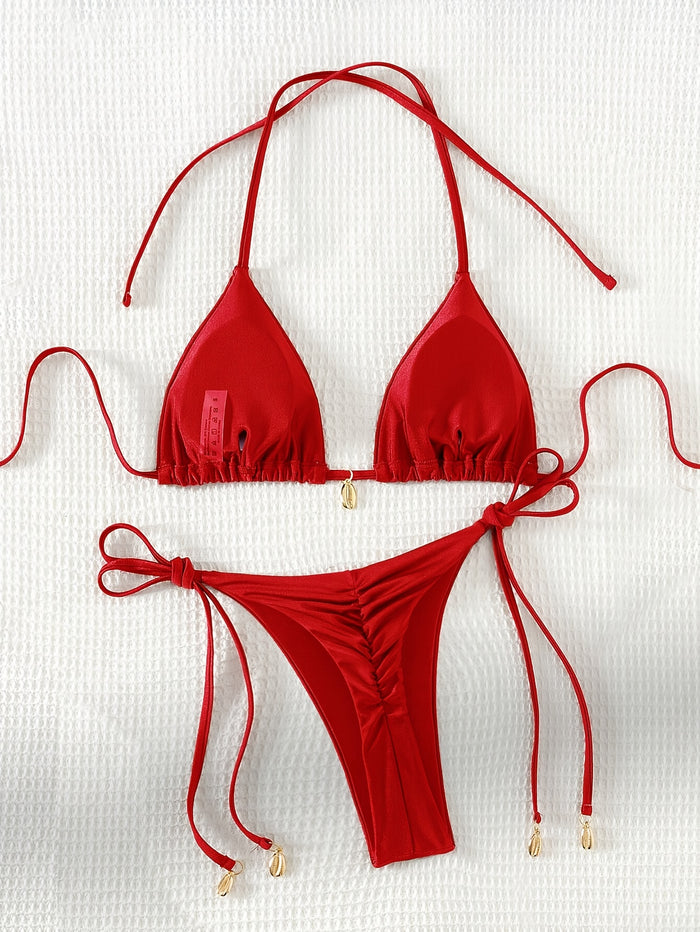 Women's Two Piece Bikini Swimsuit Sexy Ribbed Triangle Top Bathing Suits String Cheeky Bikini Sets