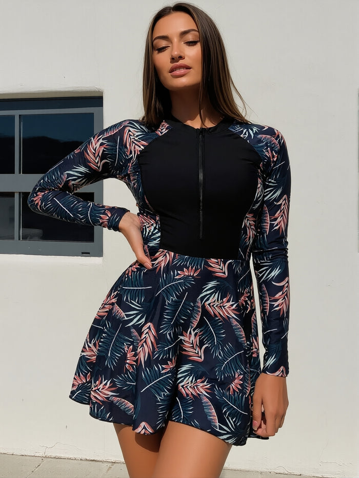 Women's Two Piece Rash Guard Set Swimsuits with Long Sleeve Tank Top & Ruffle Swim Skirt